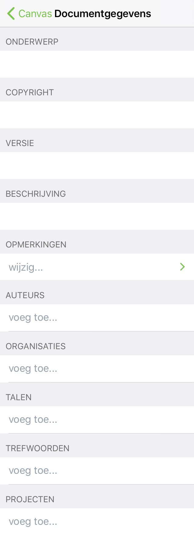 Het infovenster Documentgegevens