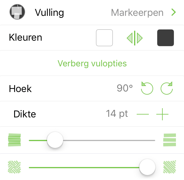 Het infovenster Vulling met Markeerpen geselecteerd