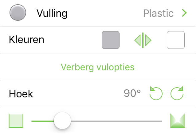 Het infovenster Vulling met Plastic geselecteerd