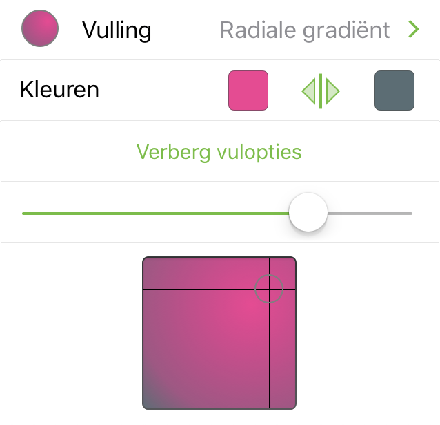 Het infovenster Vulling met Radiale gradiënt geselecteerd