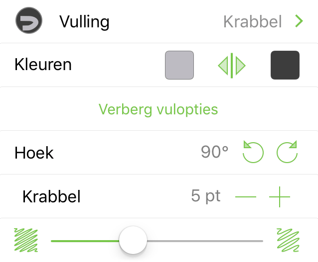 Het infovenster Vulling met Krabbel geselecteerd