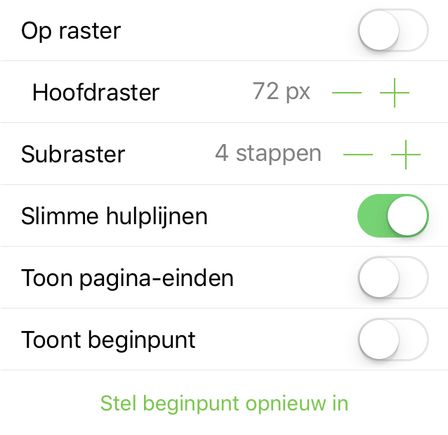 Het infovenster Raster en hulplijnen