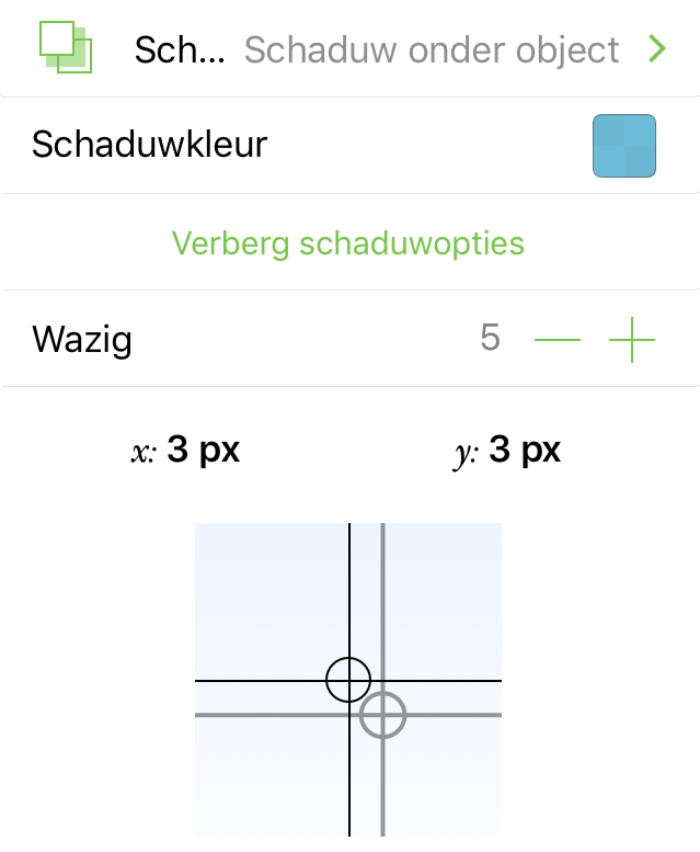 Het infovenster Schaduw met de bedieningselementen voor het aanpassen van de schaduwverschuiving en kleur