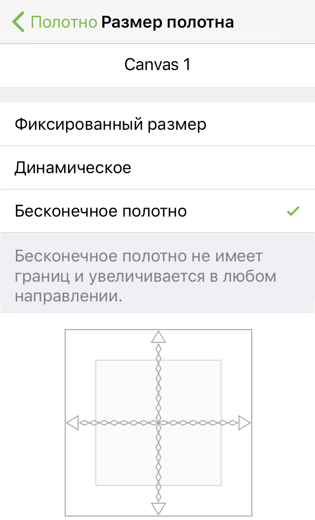 В инспекторе размера выбран размер «Бесконечное полотно»