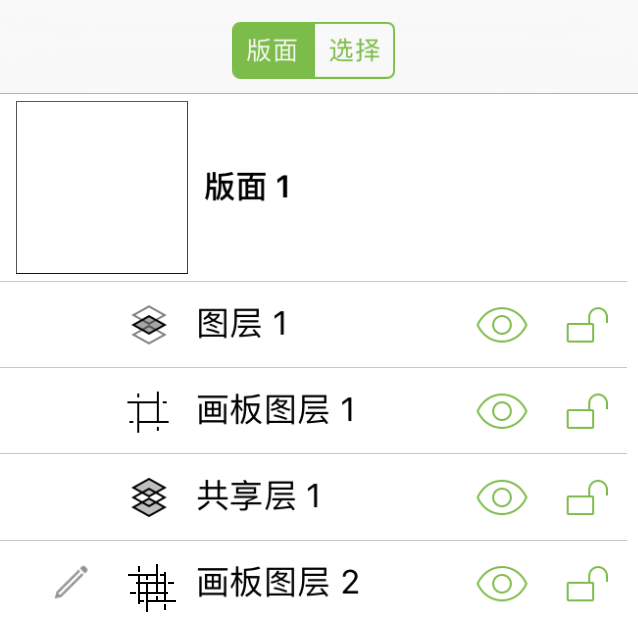 显示四个不同图层的工具条,包括一个普通图层、一个画板图层、一个共享画板图层和一个共享图层。