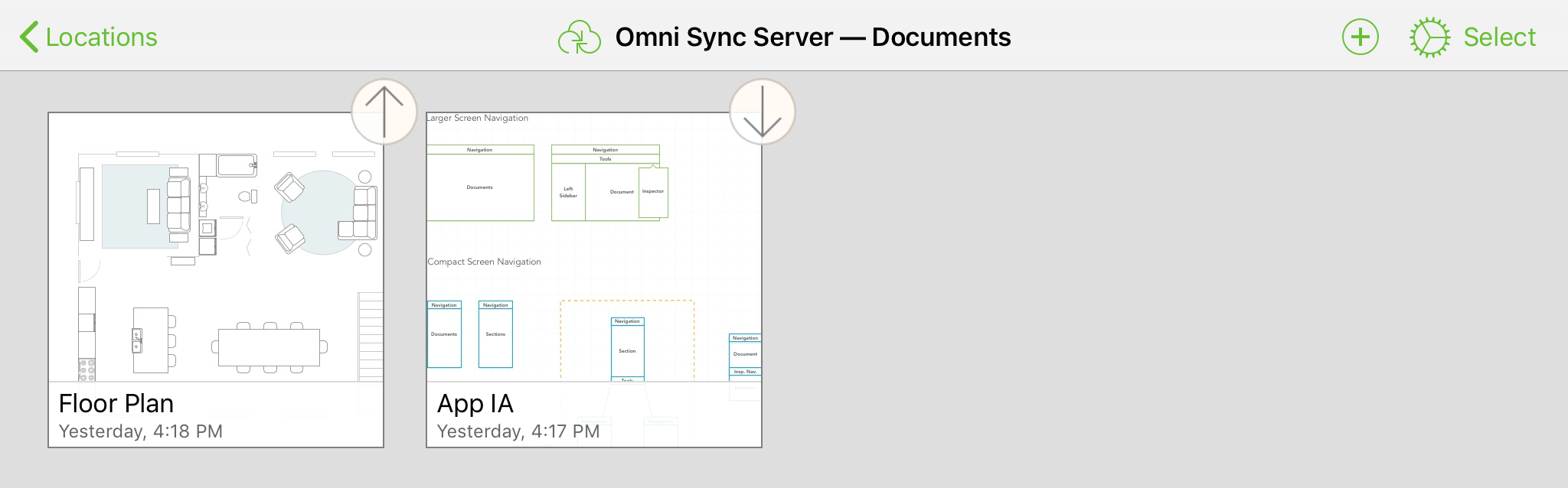 A synced OmniPresence folder with up and down arrow icons attached to some of the document thumbnails, indicating that a sync is in process for those files.