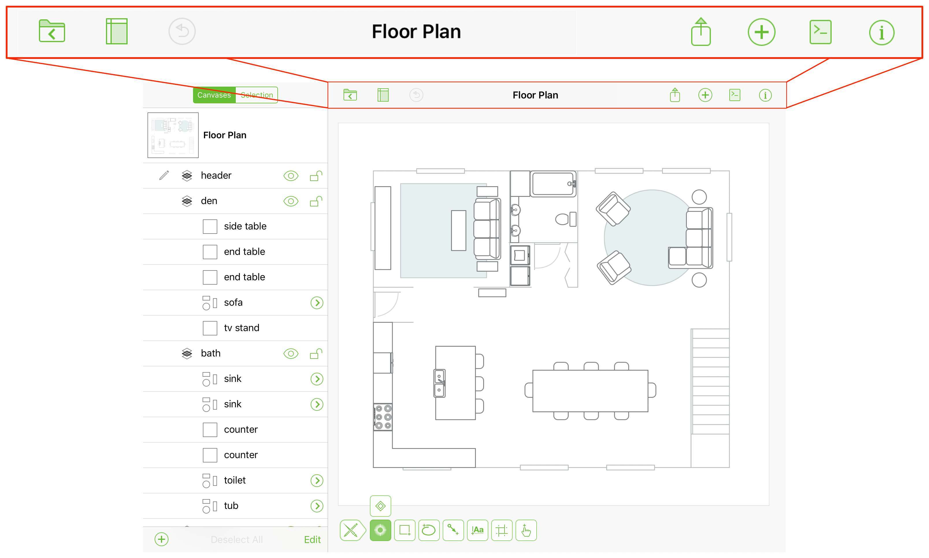 An image of OmniGraffle on iPad, with the document toolbar isolated and made to appear bigger in an exploded view.