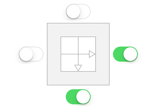 The Autosizing Switches are placed on the top, bottom, left, and right side of a box. The box is supposed to be the canvas; use the switches to choose the direction in which the canvas expands.