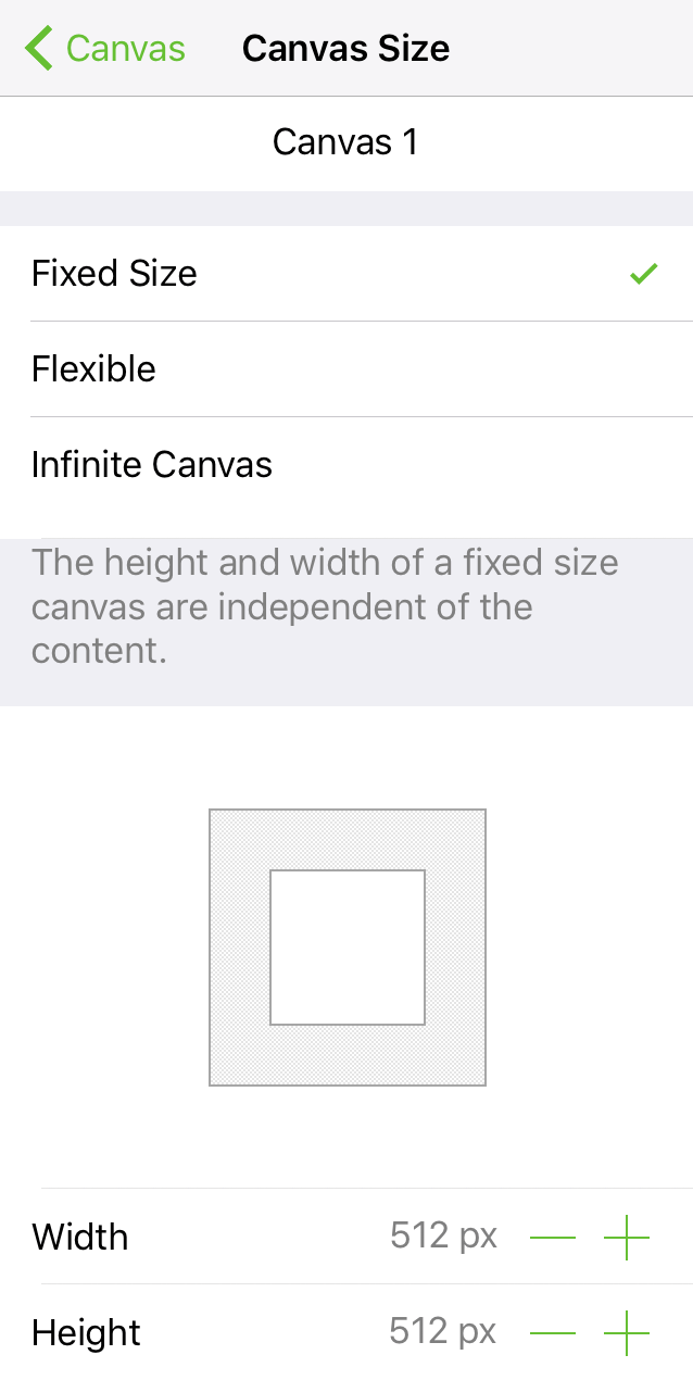 The Canvas Size inspector set to a Fixed Size canvas