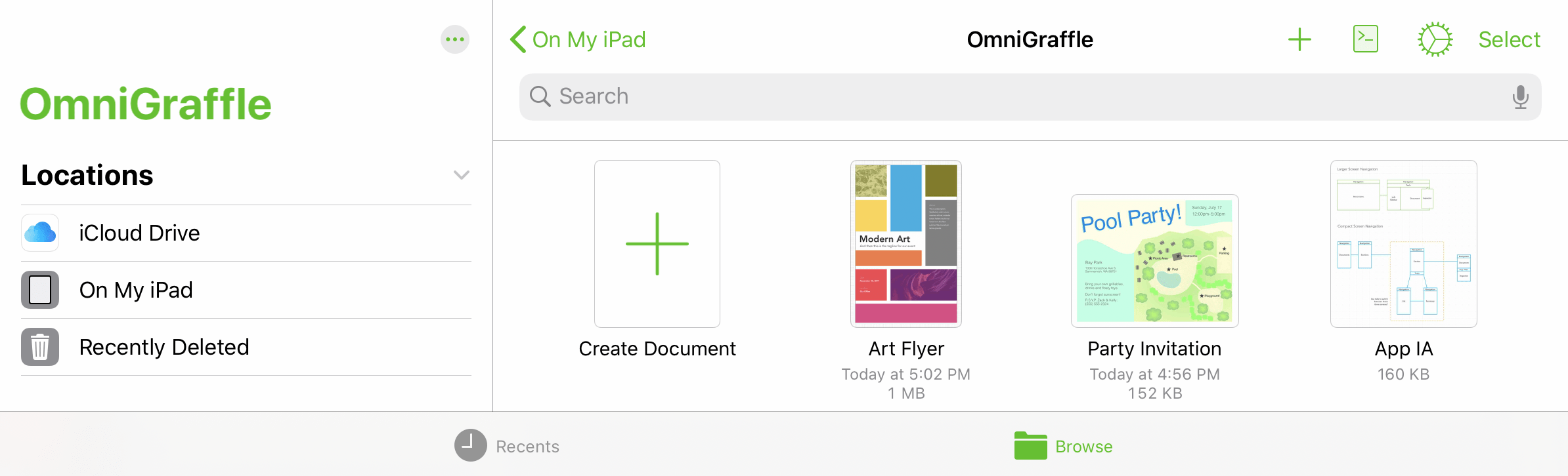 The Browse view of the document browser in OmniGraffle 3 for iOS.