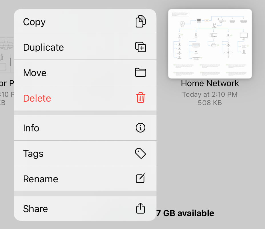 The contextual menu on a file in the OmniGraffle document browser.