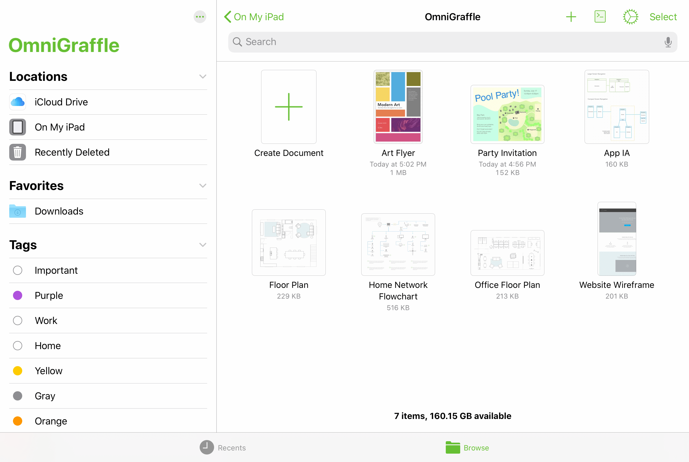 The Document Browser in OmniGraffle 3 for iOS.