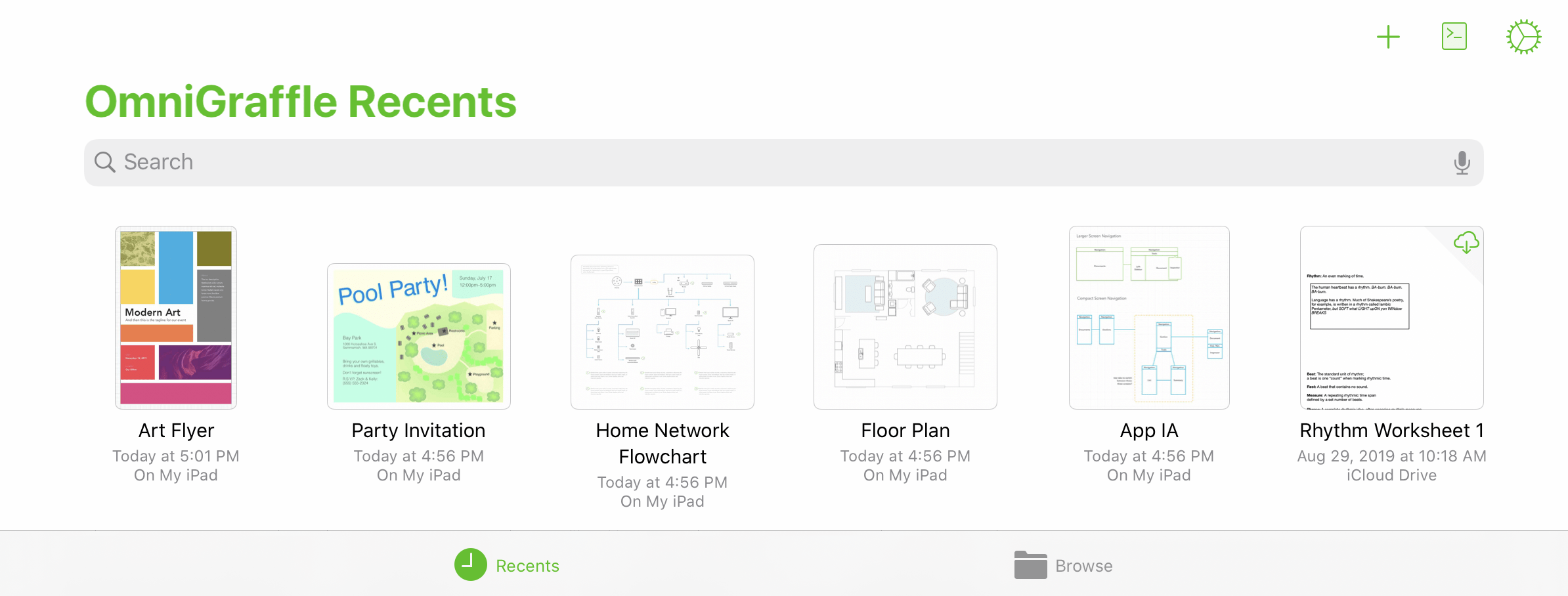 The Recents view of the document browser in OmniGraffle 3 for iOS.