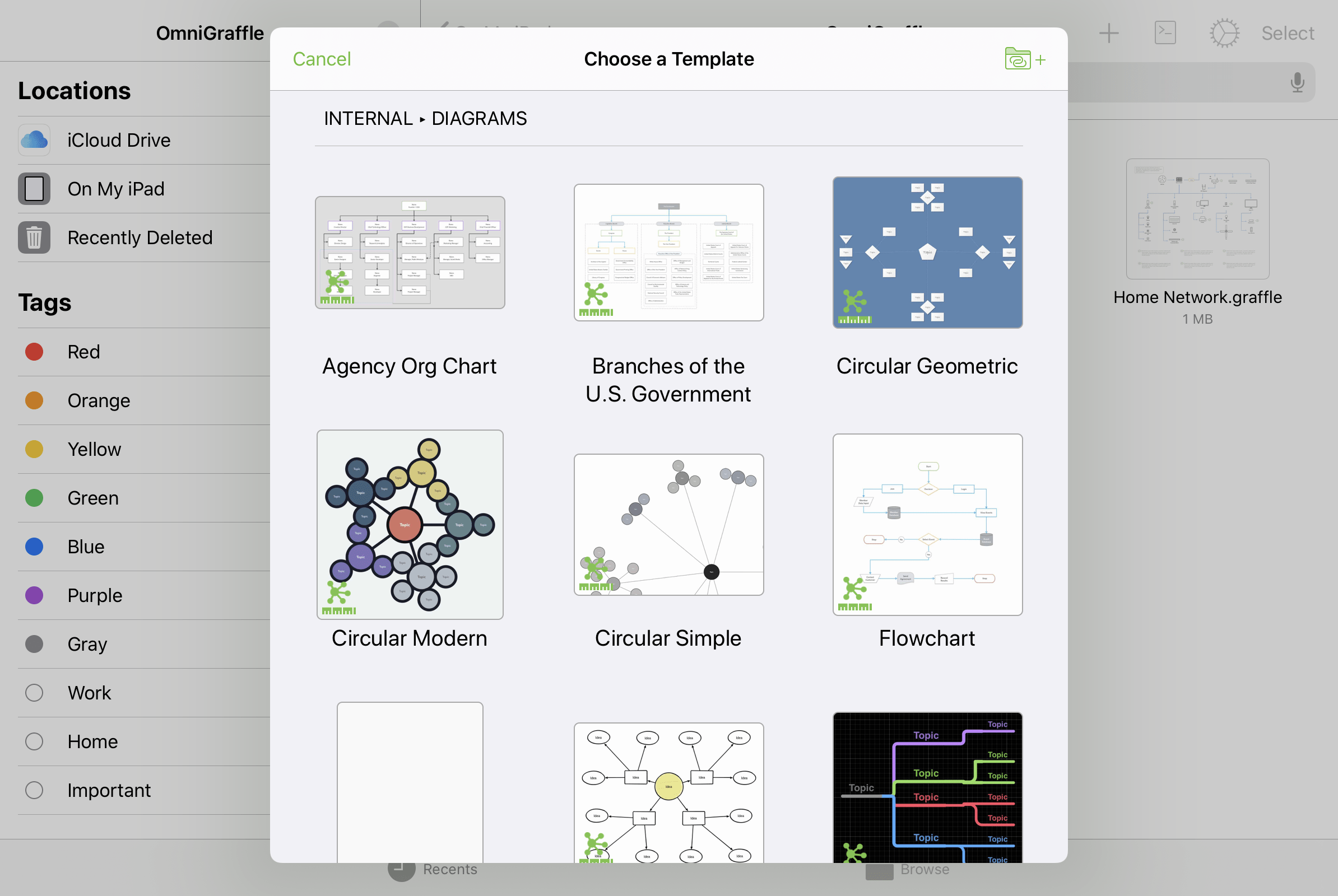 The template chooser when creating a new document in OmniGraffle.