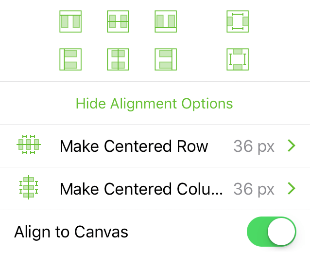 The Alignment inspector, when aligning objects to the canvas