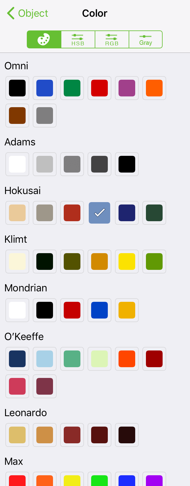 The Color Palettes, as shown in the Inspector bar