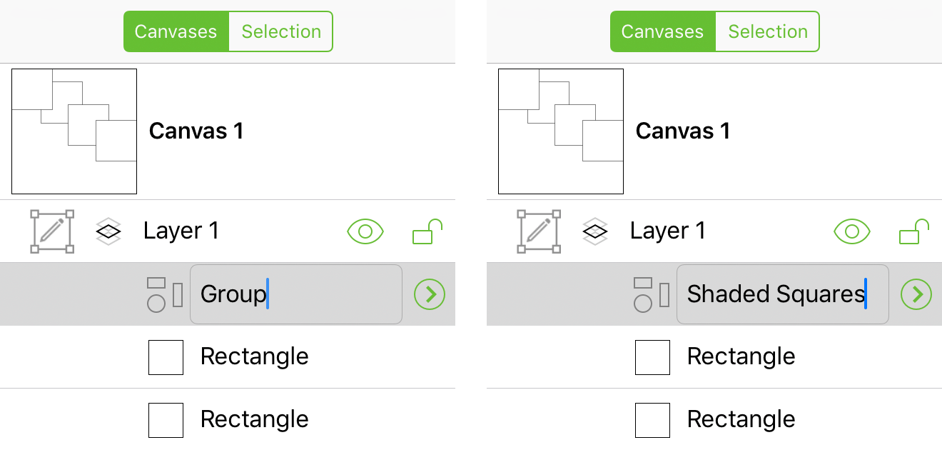 Renaming an object or layer in the sidebar brings up the keyboard so you can enter a new name.
