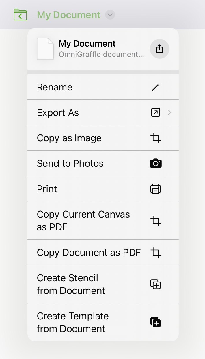 A screenshot of the document title menu in OmniGraffle 3.19: a dropdown menu from the document title text in the toolbar with controls for sharing the document.