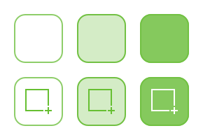 A grid of six icons; the three on the top row represent unselected, selected, and sticky tools, respectively. The three on the bottom row illustrate those three button states using the Shape tool as an example.