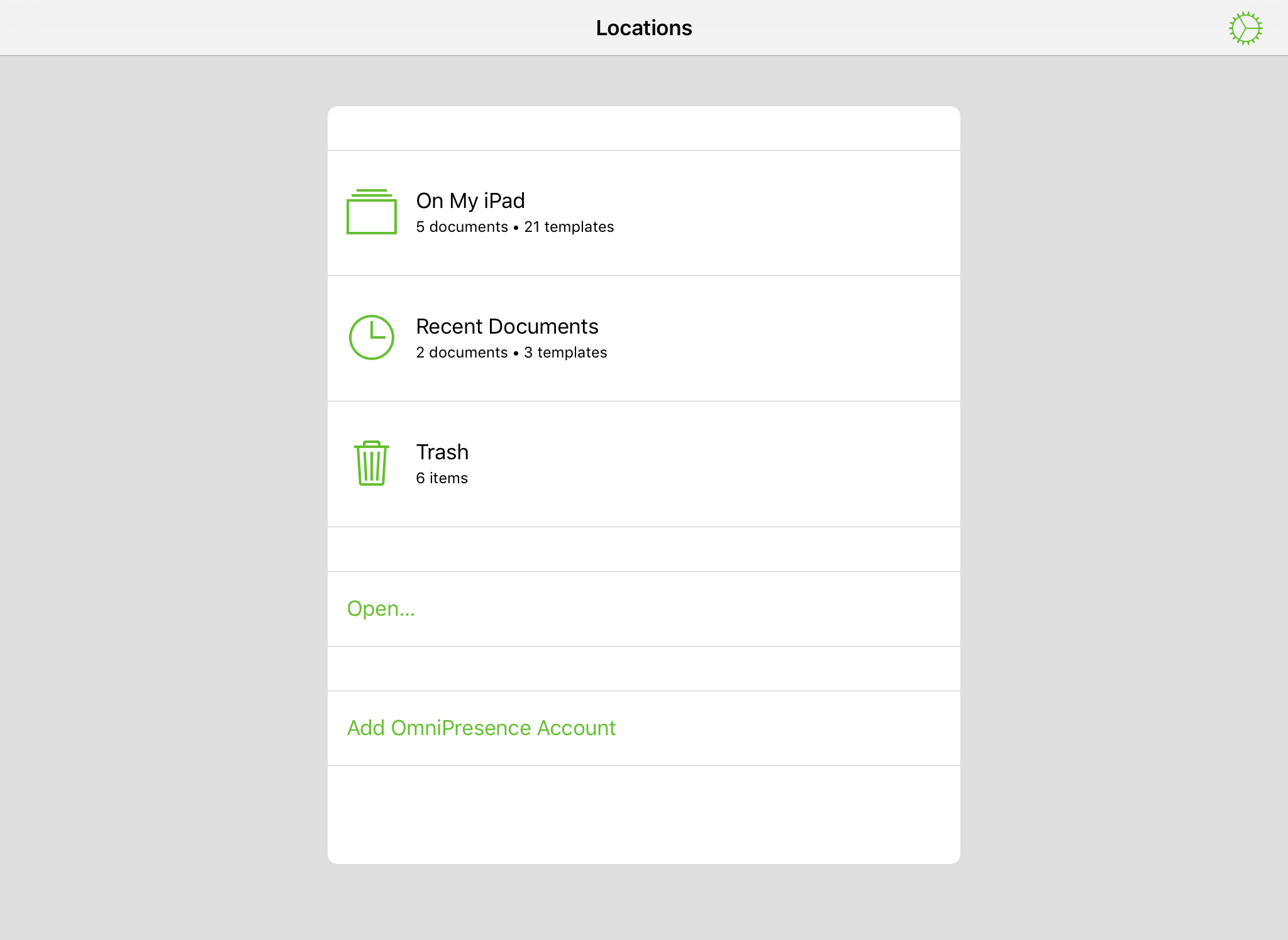 The Locations screen is the first thing you see after launching OmniGraffle