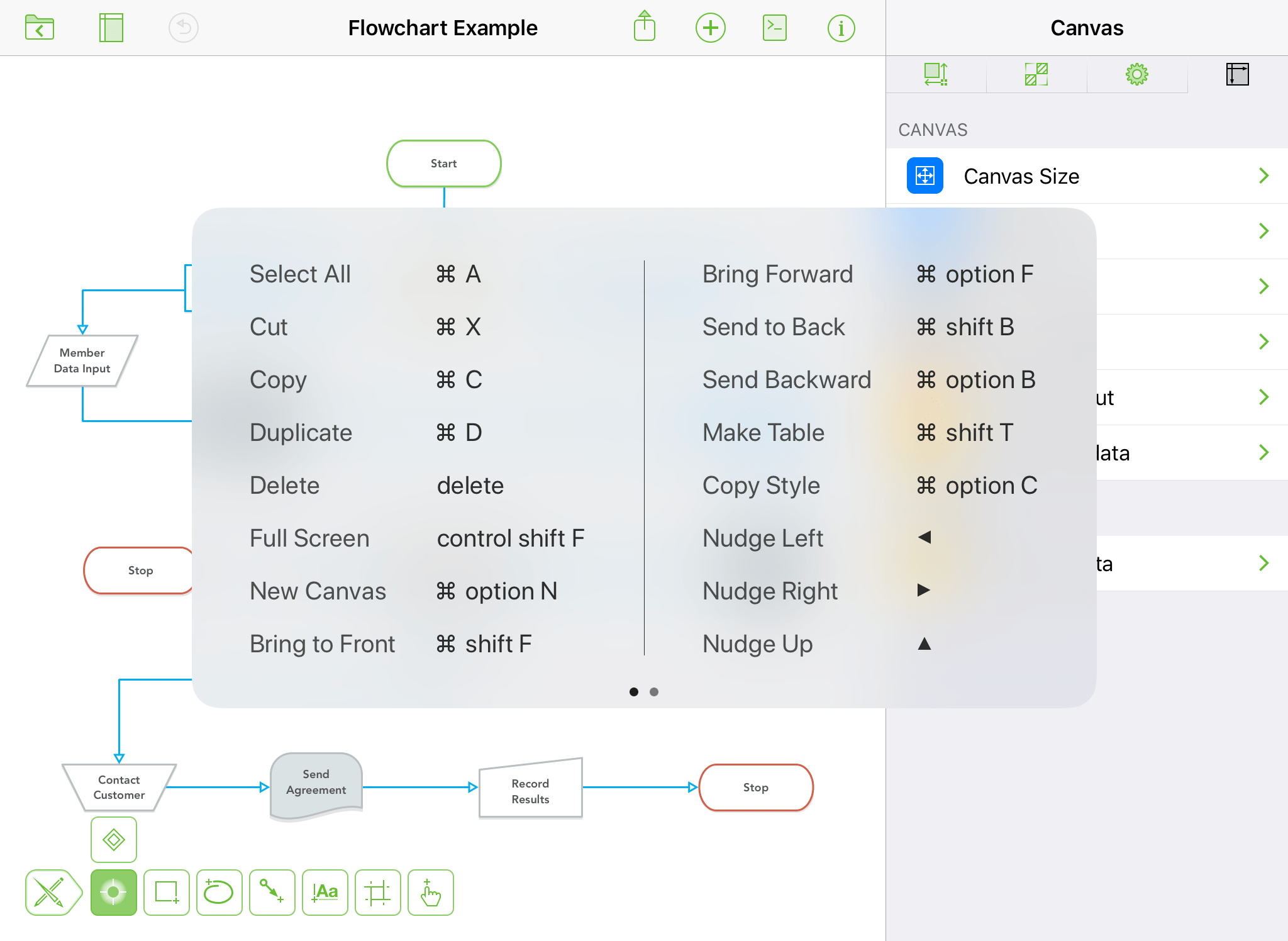 The keyboard shortcuts HUD, as shown on iPad