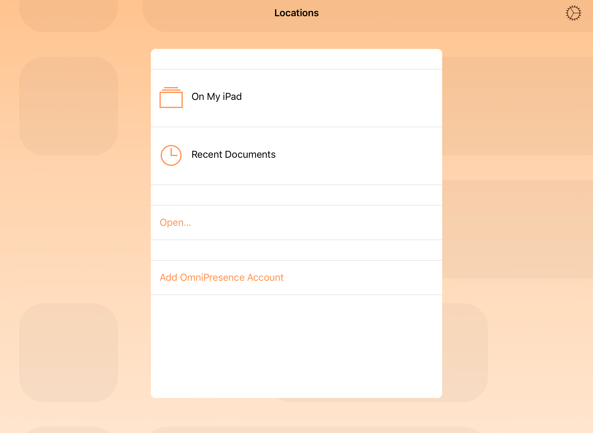 The Locations screen is the first thing you see after launching OmniOutliner