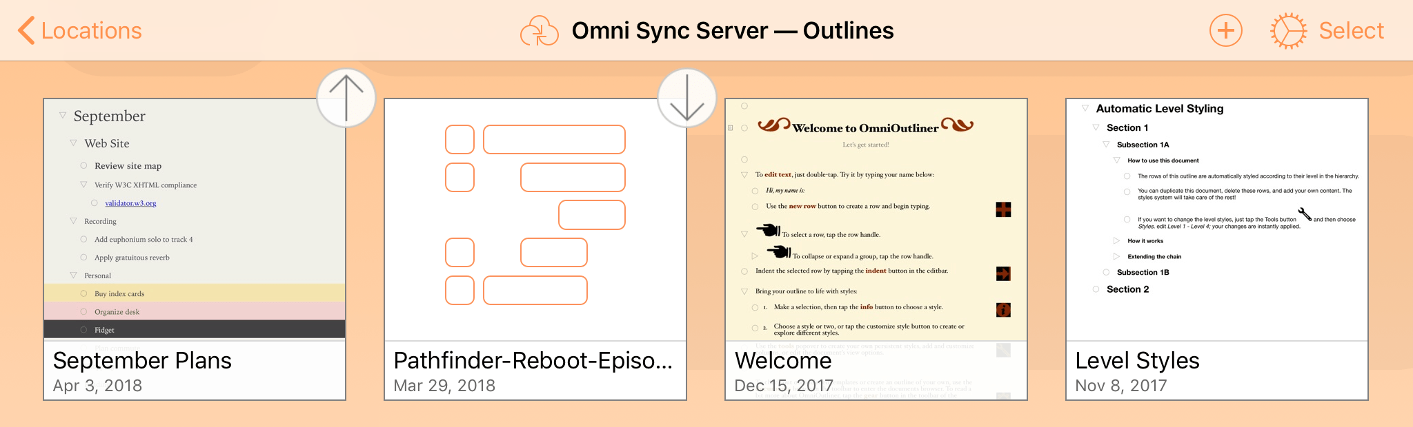 A synced OmniPresence folder with up and down arrow icons attached to some of the document thumbnails, indicating that a sync is in process for those files.