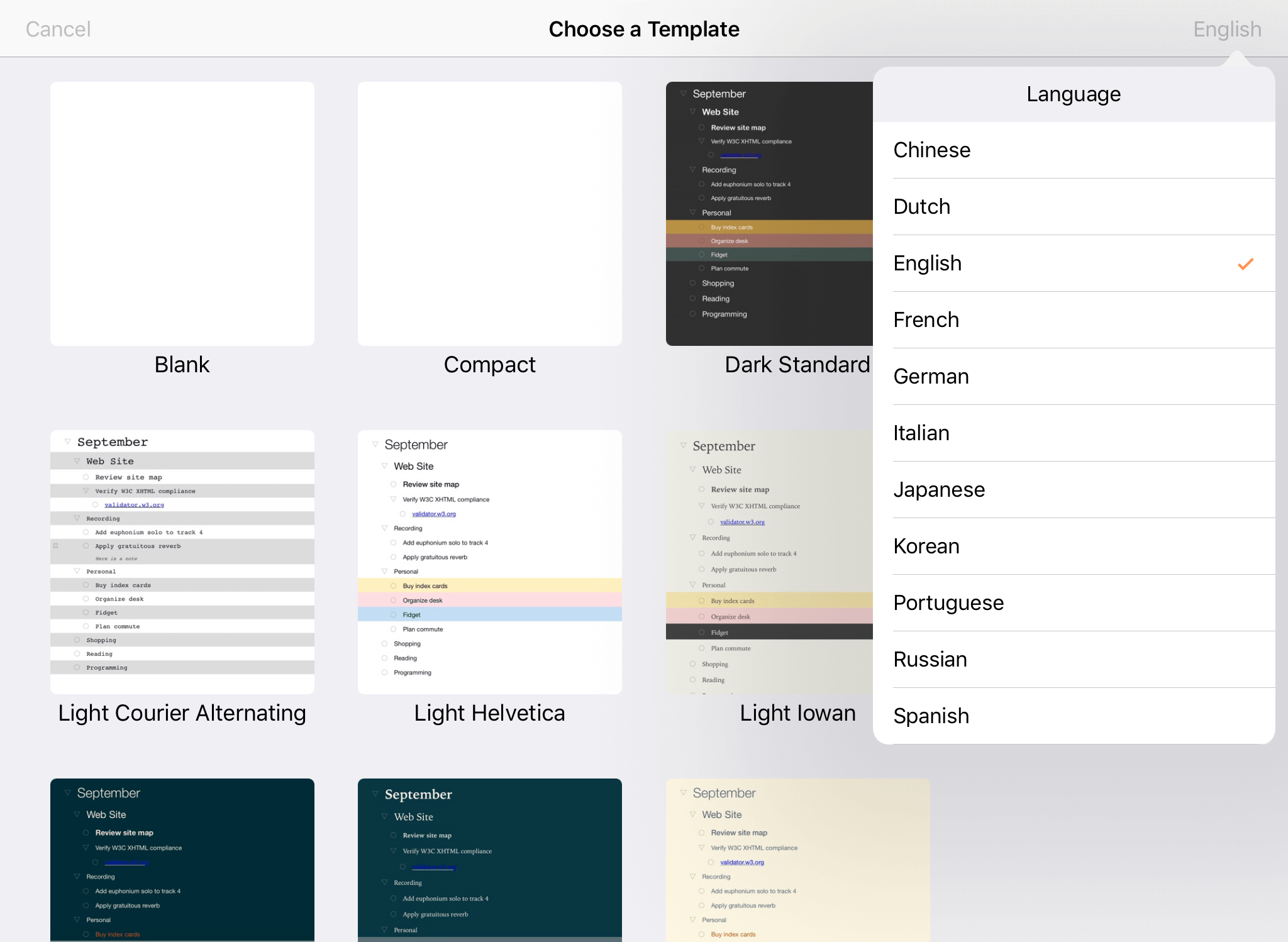 The template chooser when creating a new document in OmniOutliner.