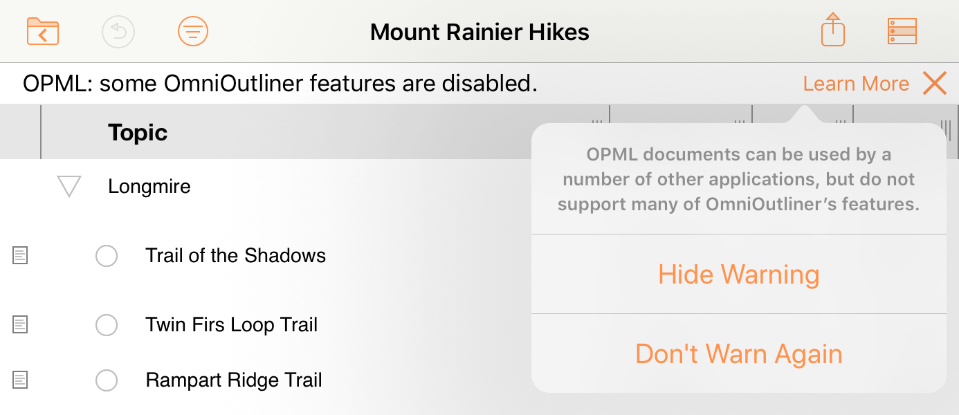 The notice bar when editing an OPML file in OmniOutliner.