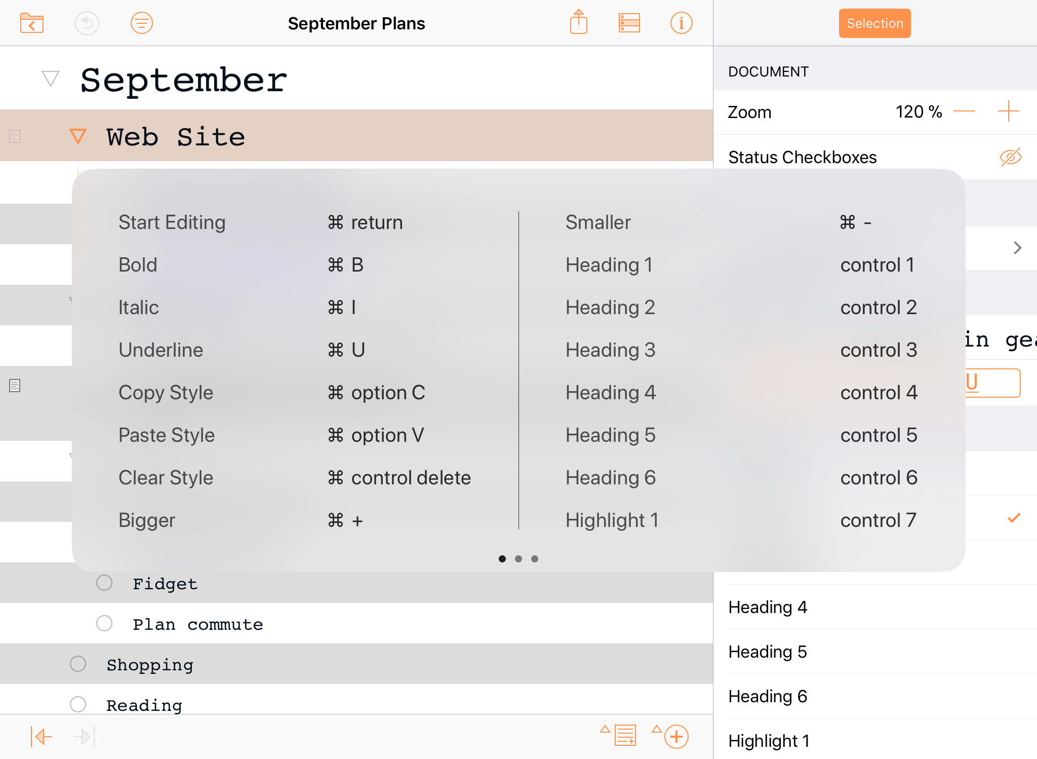 Keyboard shortcuts revealed in an OmniOutliner document