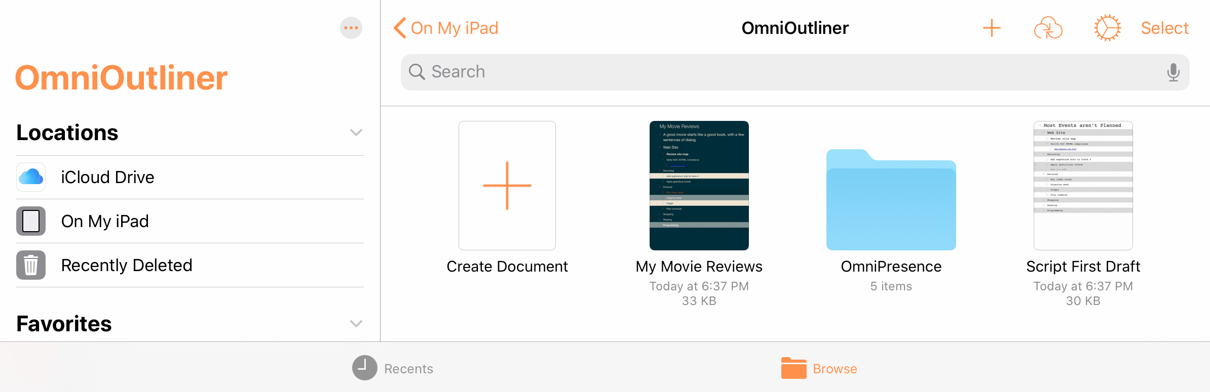 The Browse view of the document browser in OmniOutliner Pro.