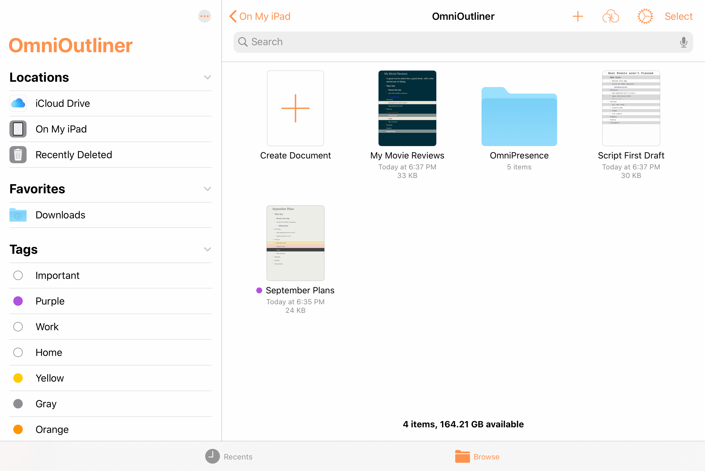 The Document Browser in OmniOutliner 3 Pro for iOS.