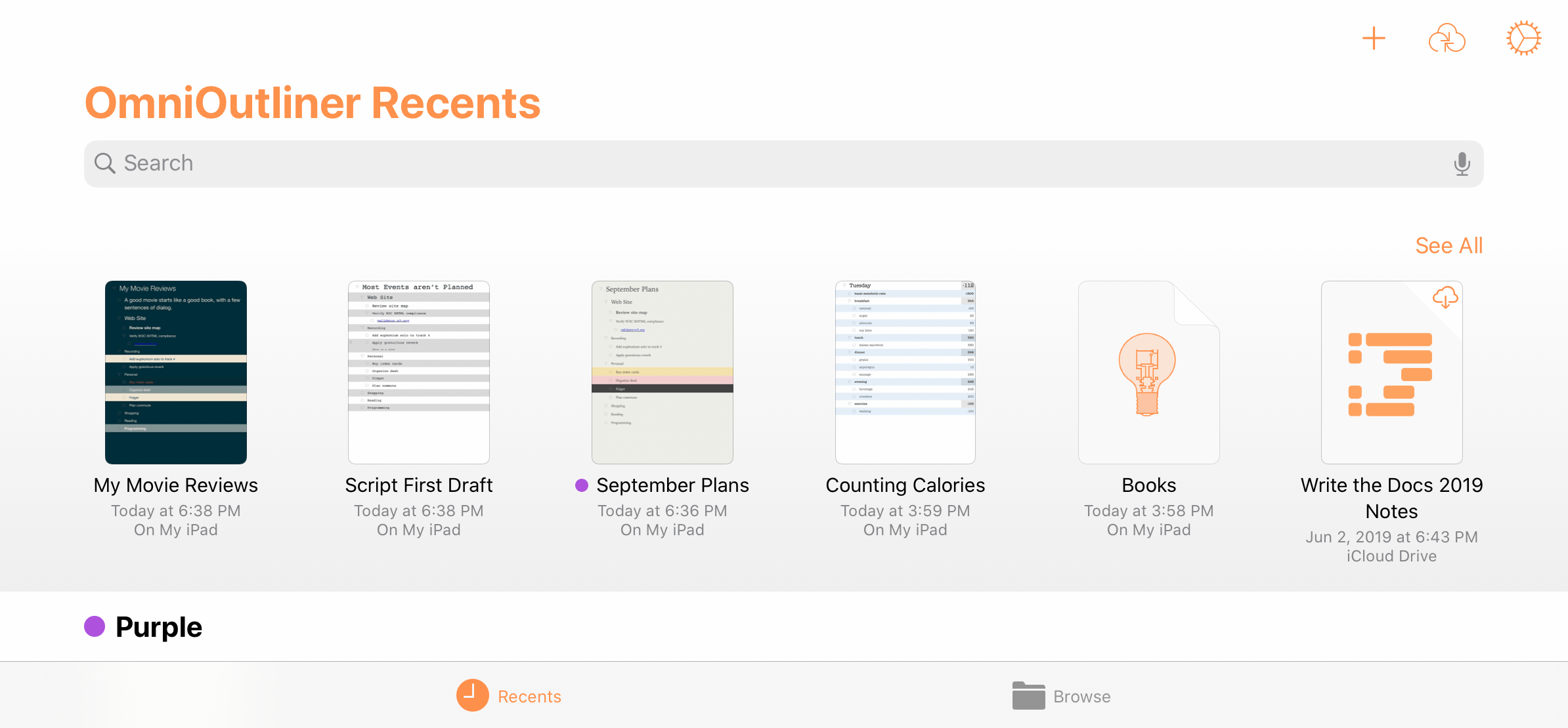 The Recents view of the document browser in OmniOutliner Pro.