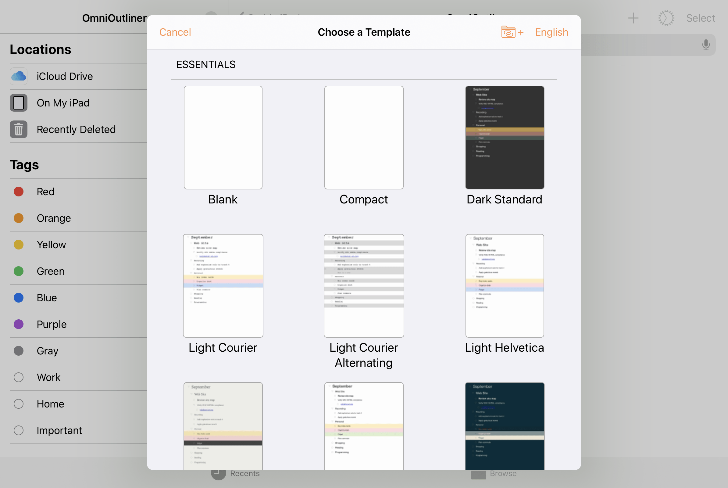 The template chooser when creating a new document in OmniOutliner.