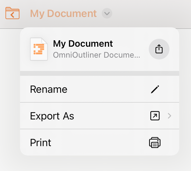 A screenshot of the document title menu in OmniOutliner 3.10: a dropdown menu from the document title text in the toolbar with controls for renaming, exporting, printing, and creating a template from the document.