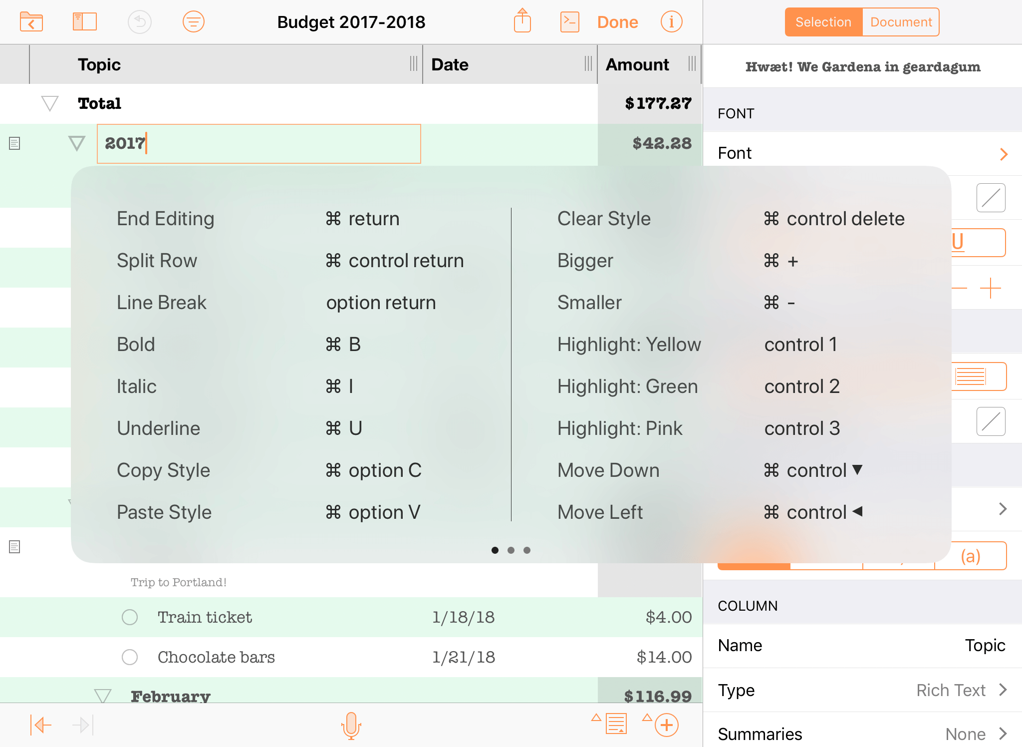 Keyboard shortcuts revealed in an OmniOutliner document