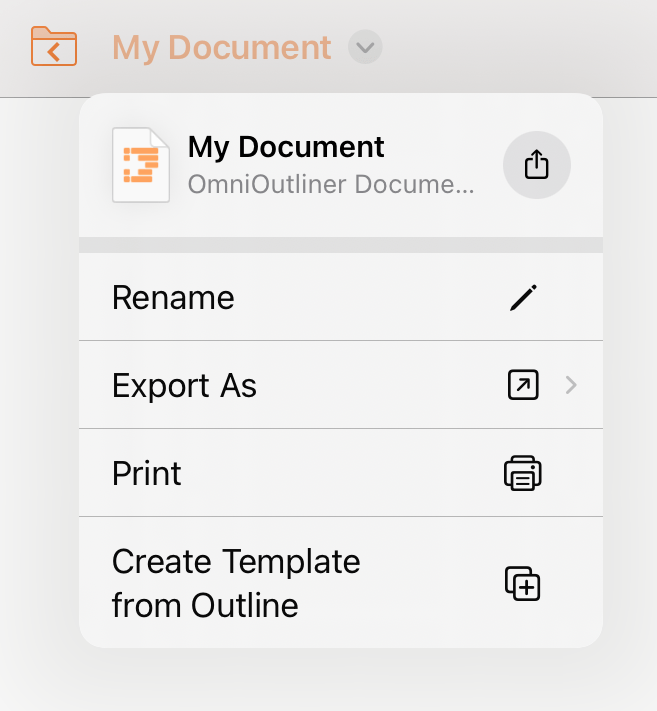 A screenshot of the document title menu in OmniOutliner 3.10: a dropdown menu from the document title text in the toolbar with controls for sharing, renaming, exporting, printing, and creating a template from the document.
