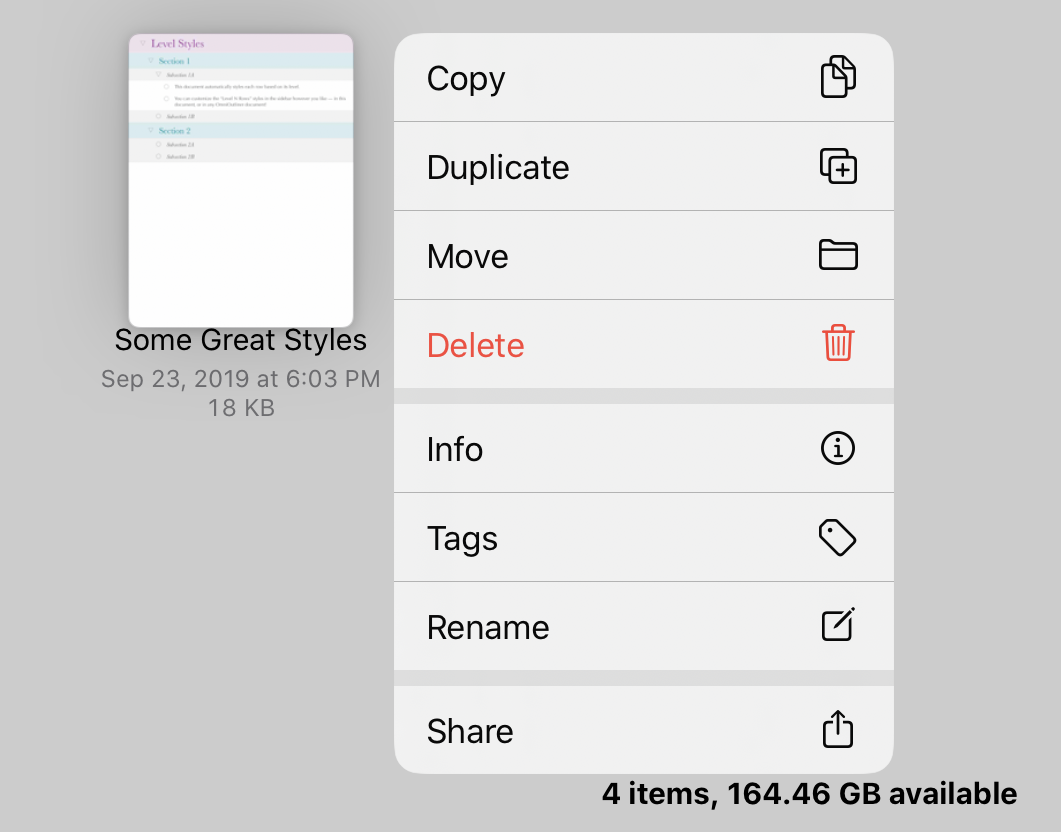 The contextual menu on a file in the OmniOutliner document browser.