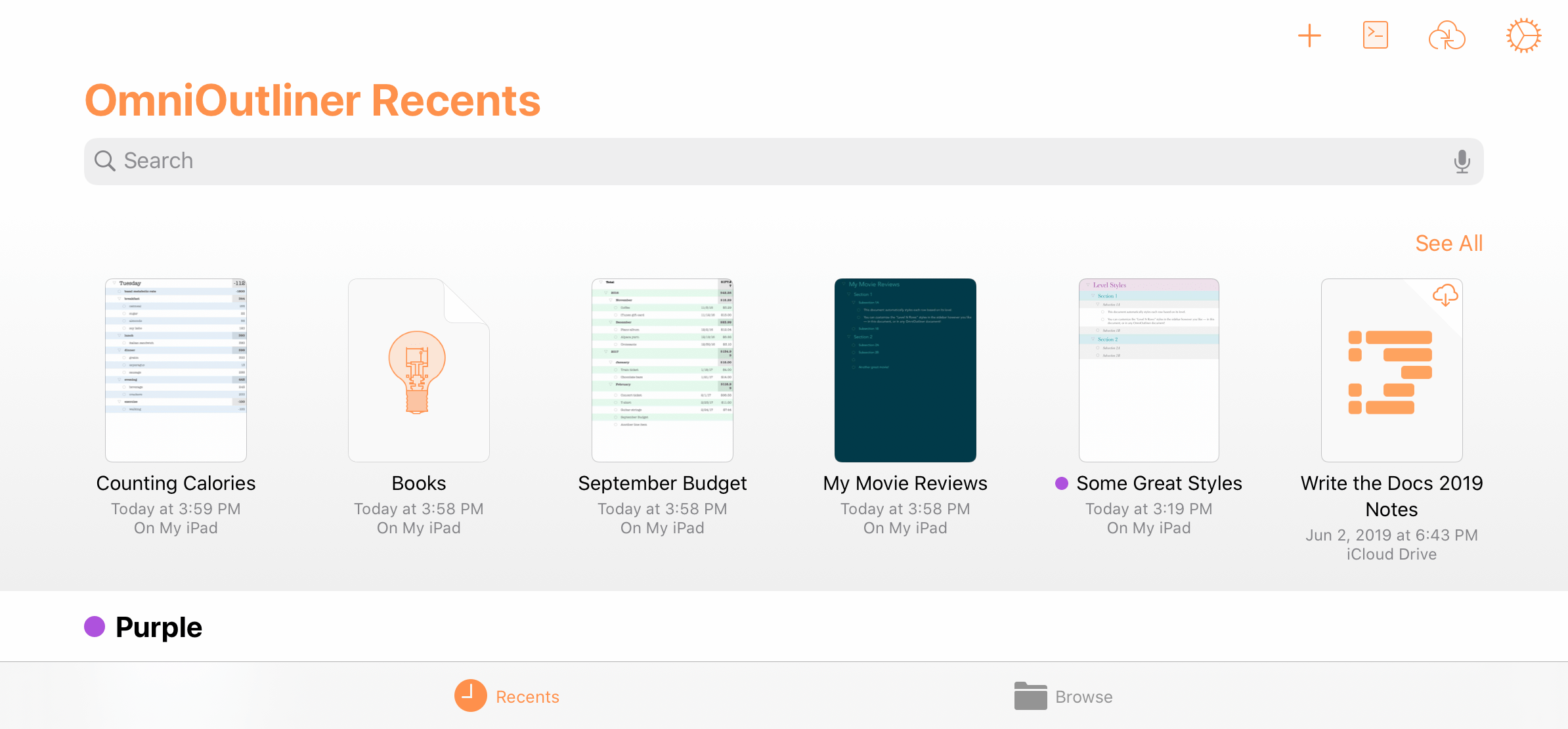 The Recents view of the document browser in OmniOutliner Pro.