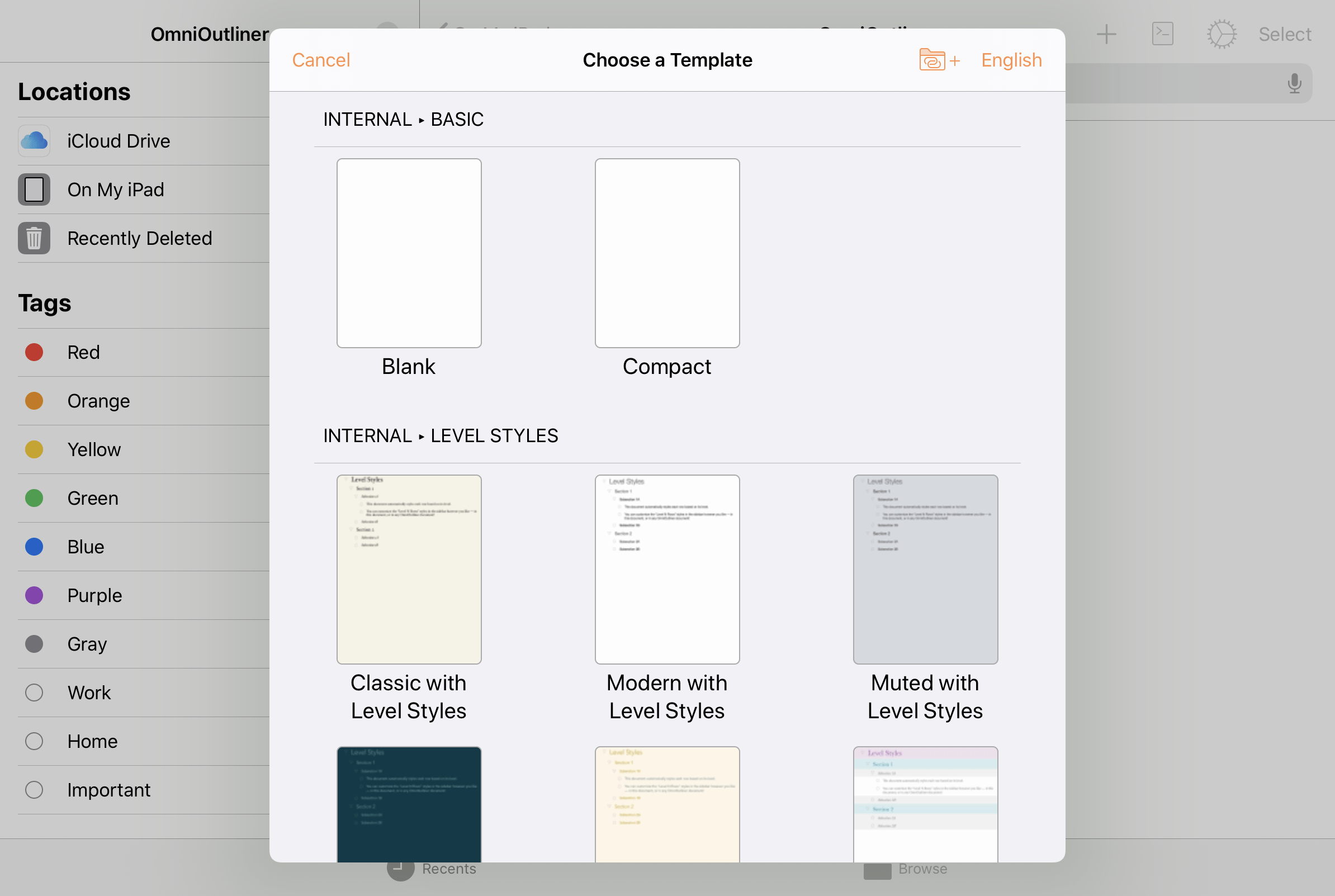 The template chooser when creating a new document in OmniOutliner.