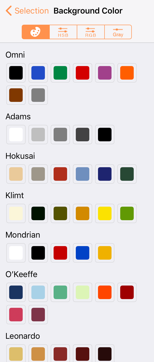 The Color Palettes, as shown in the Inspector bar