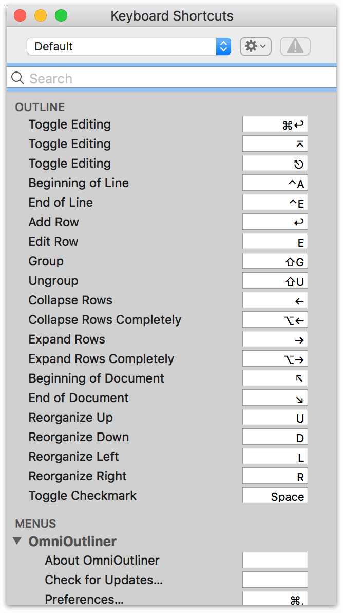 the Keyboard Shortcuts window in OmniOutliner 5 Pro