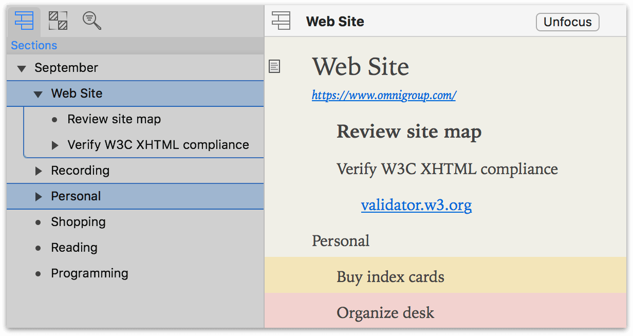 the Sections tab of the Sidebar in OmniOutliner 5 Pro