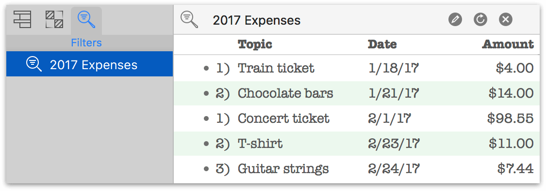 the Filters tab of the Sidebar in OmniOutliner 5 Pro