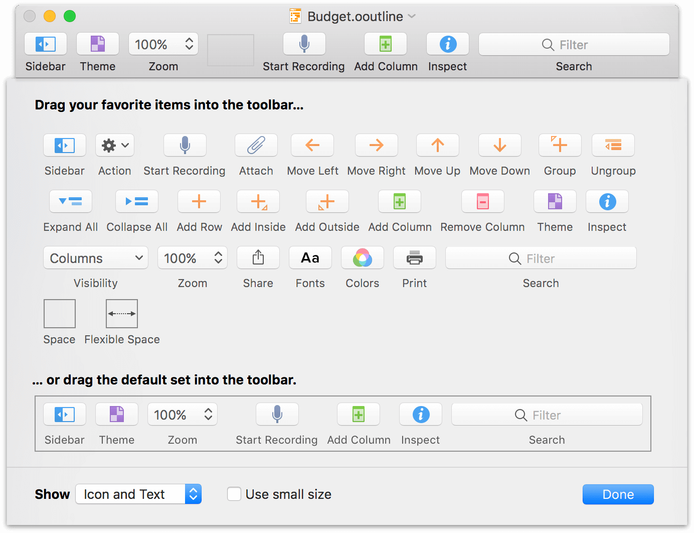 The Toolbar customization sheet in OmniOutliner 5 Pro