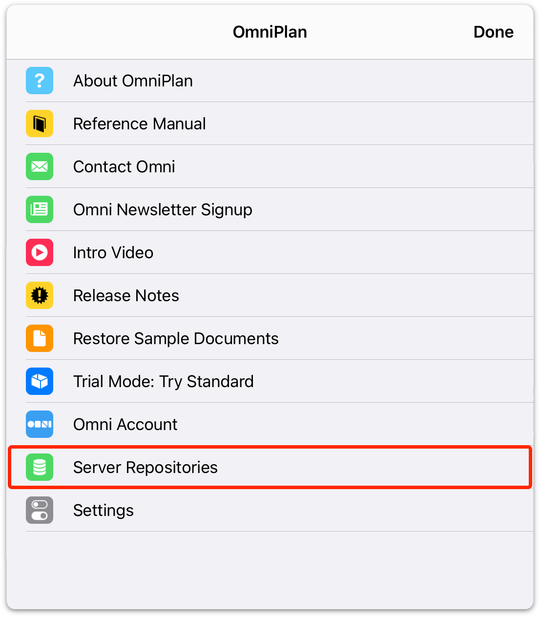 The Server Repositories item in the App Menu