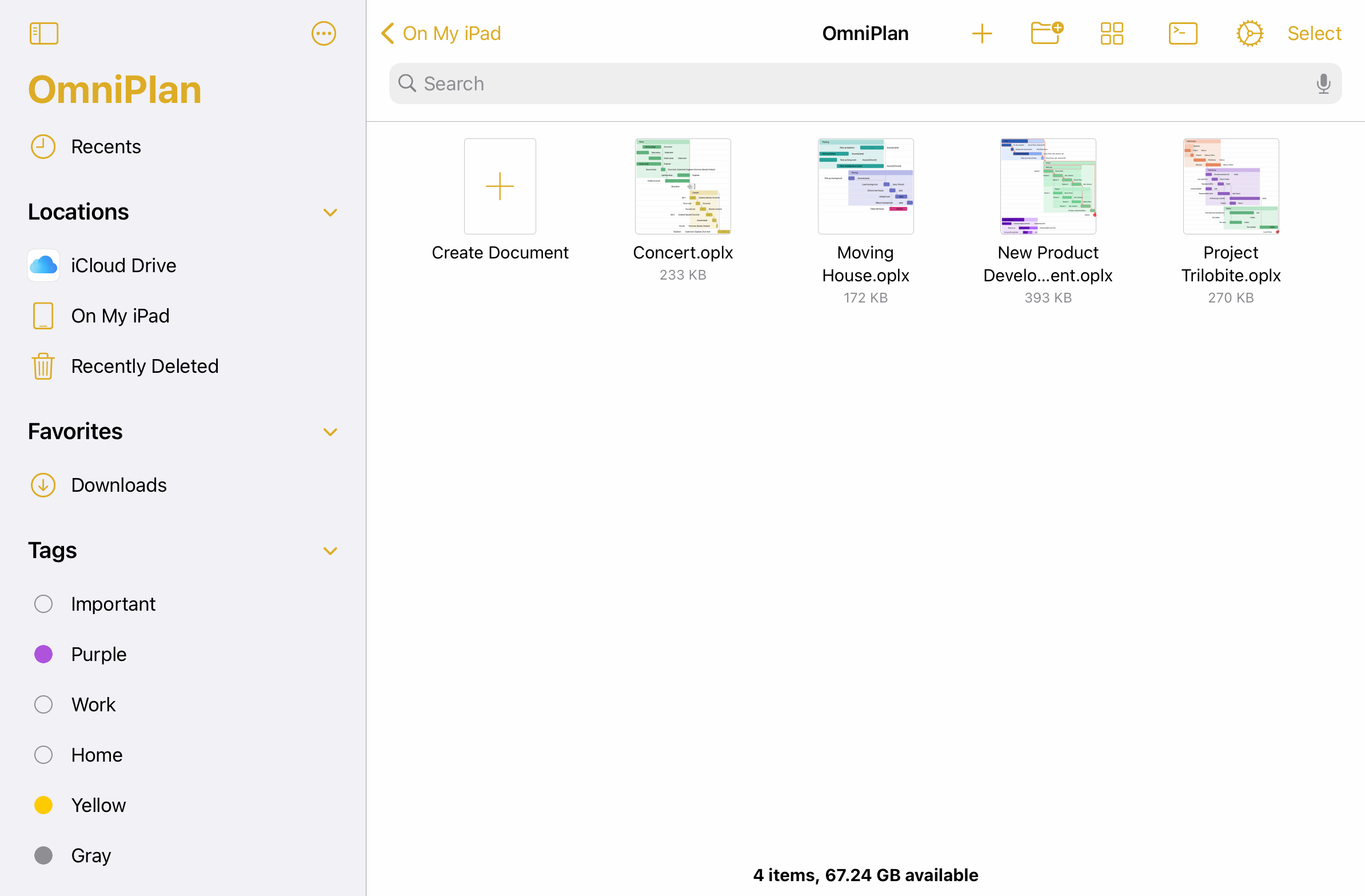 The Document Browser in OmniPlan 4 for iPad and iPhone.