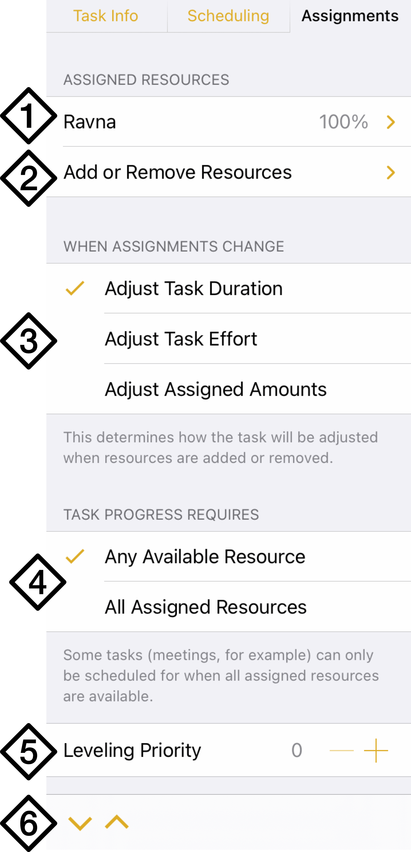 The Task Inspector's Assignments in OmniPlan 4 for iPad and iPhone