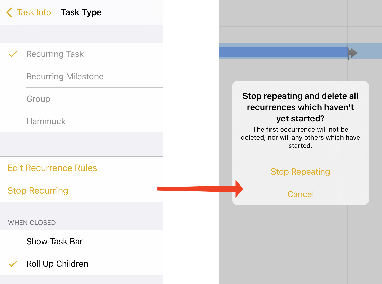 The Task Type screen for a recurring task, and the Stop Recurring dialog.