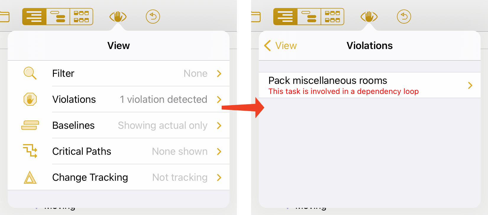 A violation appears in the View menu.